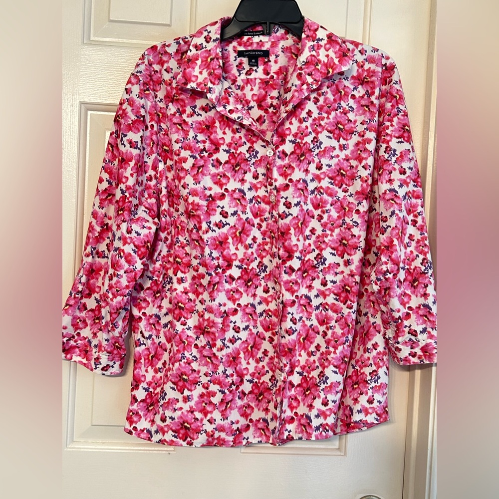 Lands End Womens Supima Cotton Dress Shirt 3/4 Sleeves Pink Floral sz 16